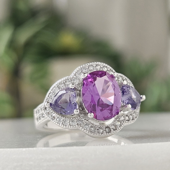 Fancy Oval Purple Amethyst Ring, 925 Sterling Silver Charmed Aroma - Picture 7 of 9